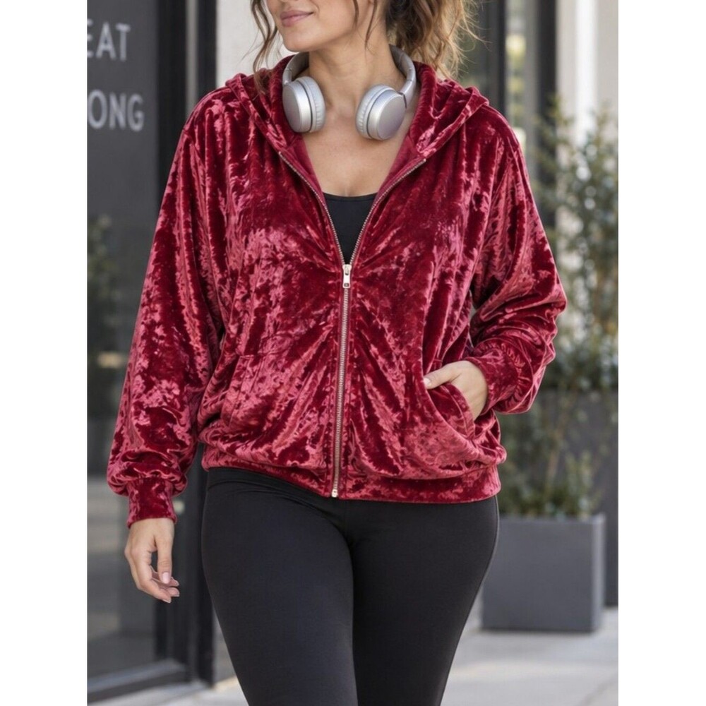 Fabletics Pink Berry Red Crushed Velvet Zip Hoodie Plus Size 2X Loungewear Glam